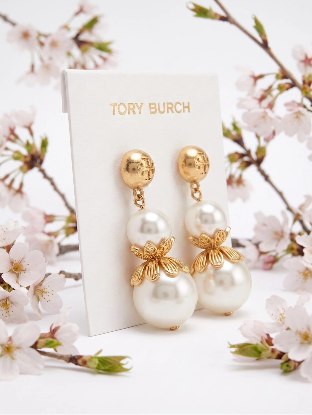 Tory Burch Gold Plated & White Pearl Double-Drop Floral Earrings
